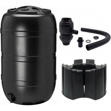 Set Récupérateur d’eau 210L noir avec pied et connecteur de gouttière