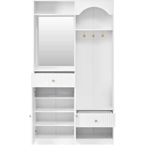 Meuble d'entrée avec miroir, banc, porte-manteaux et range-chaussures en MDF blanc (1/5)