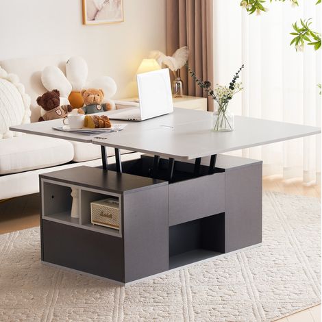 Table basse en panneaux de particules gris 100 cm, plateau relevable 2 en 1 avec rangement