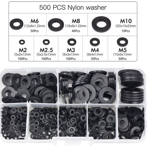 500 Pcs Rondelles Plastique Noir Rondelles À Verrouillage Fixations, Rondelle Autobloquante Assortiment Rondelle Mécanique M2.5 M3 M4 M5 M6 M8 M10
