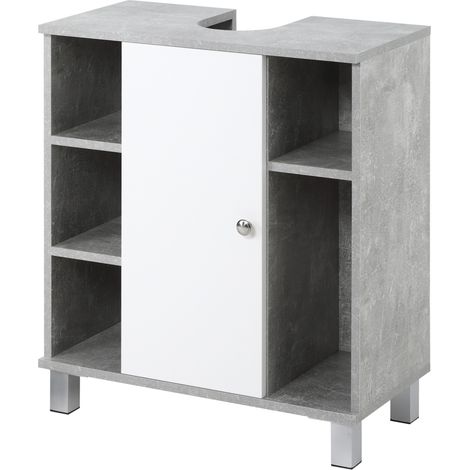 Meuble sous lavabo avec découpe en U et 6 étagères en bois, 60x30x68cm - Blanc, Gris (1/5)