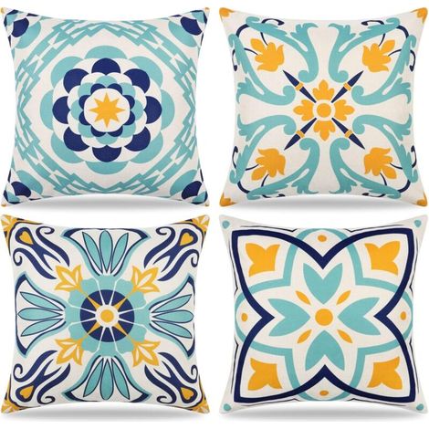 Lot de 4 taies d'oreiller d'extérieur imperméables à imprimé floral, style bohème, pour canapé, terrasse, jardin, balcon, salon, chambre à coucher, 45 x 45 cm (1/5)