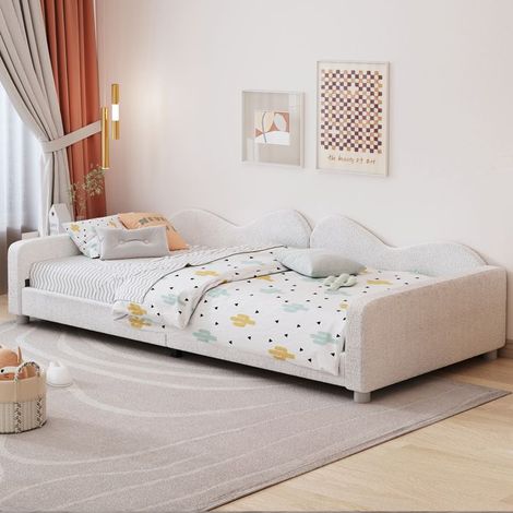 Lit gigogne enfant 90 x 200 cm avec dossier et accoudoirs, Lit rembourré cadre de lit simple en tissu teddy multifonctionnel, Blanc (1/5)