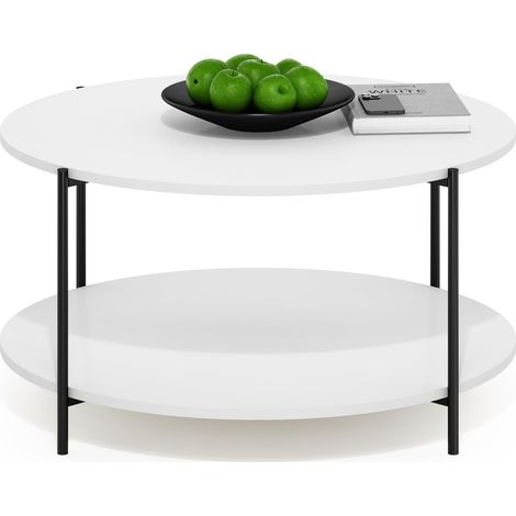 Table basse, table basse ronde moderne à 2 niveaux avec pieds en métal, table d'appoint avec étagère ouverte et structure en métal, idéale pour le salon, la chambre ou le bureau, blanche. (1/5)