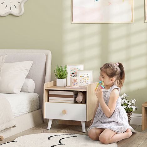 Table de chevet enfant avec tiroir pour les 3-10 ans, en bois et pin. 40 x 32,5 x 40 cm. Blanche.