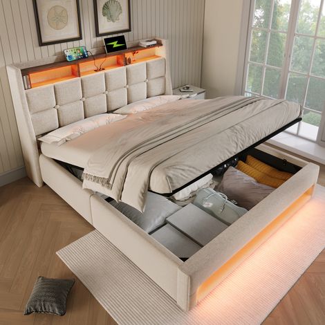 Upholstered Bed 180 x 200 cm with LED Lighting, USB Type-C Charging Function, Storage Headboard, 6FT Super King Size Storage Bed Frame with Metal Slatted Frame, Linen, Beige (No Mattress)