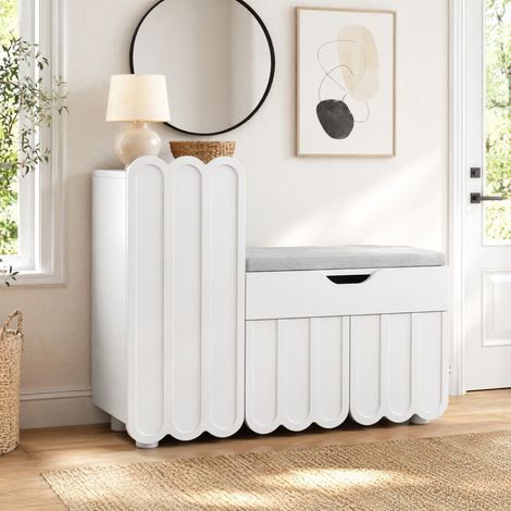 Meuble à chaussures 90x35x74,5 cm en MDF blanc, avec rangement et assise pour entrée FloraGrace (1/5)