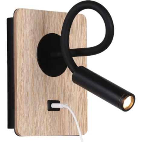Applique murale en bois avec interrupteur et spot noir flexible lumière blanche chaude port charge USB pour lecture lit table de nuit hôtel (1/5)