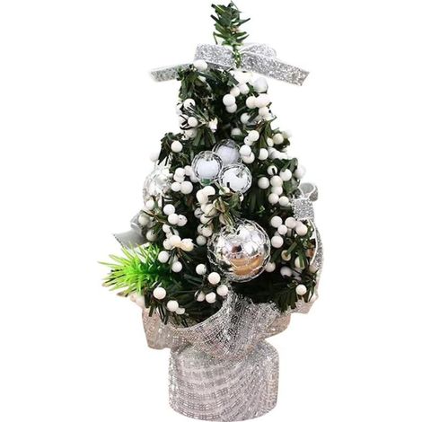 Sapin de Noël de table, mini sapin artificiel de 20 cm avec boules et décorations de Noël colorées, petit sapin de Noël pour table, pour la décoration de Noël à la maison (Argent)
