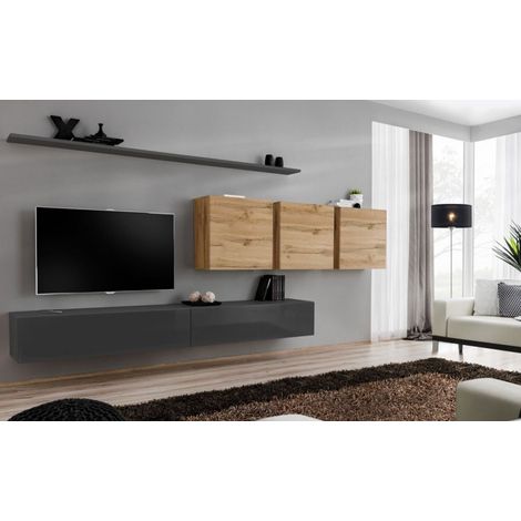 Ensemble mural - Switch VII - 3 vitrines carrées - 2 bancs TV - 2 étagères - Bois et graphite - Modèle 2 - Livraison gratuite