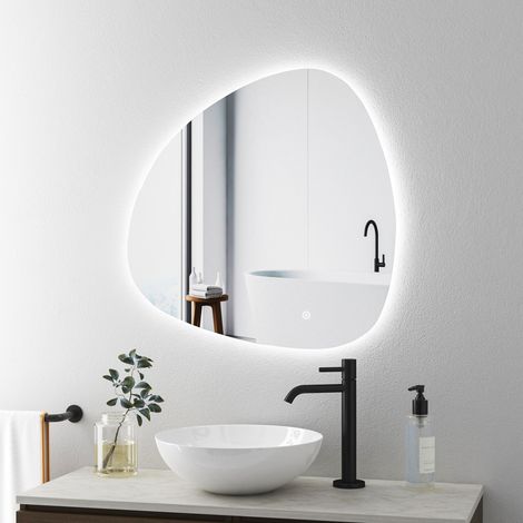 Boromal Asymmetrischer Spiegel mit Beleuchtung 80x80cm LED Badspiegel mit Beleuchtung Asymmetrischer Spiegel mit Licht LED Spiegel Badezimmerspiegel mit Touch-Schalter, Dimmbar 3 Lichtfarbe Einstellba (1/5)