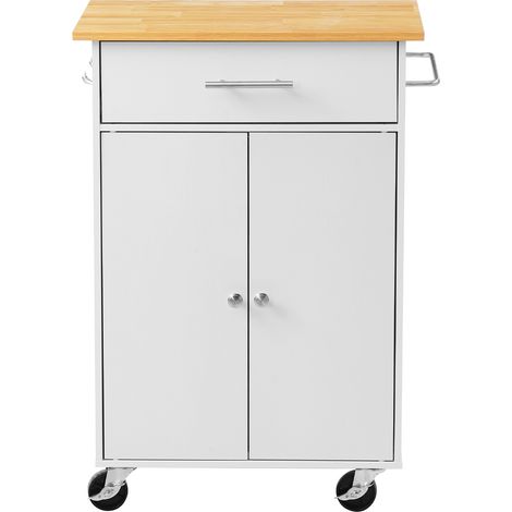 Mophorn Kücheninselwagen mit Schublade & Türen, Weißer mobiler Küchenwagen mit Schrank, Handtuchhalter, Arbeitsplatte (600 x 380 x 15 mm) & Haken für Esszimmer und Küche, Beweglicher Servierwagen (1/5)
