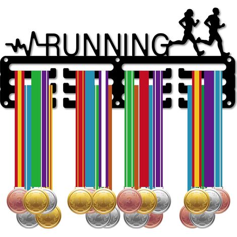 Running Medal Holder, Medal Hangers, Marathon Display, Sport, Rewards Hanging Metal, Small Iron Wall Badge Holder, Home, Race Medalist, Black, 29 x 12.5 cm, Heartbeat (1/5)