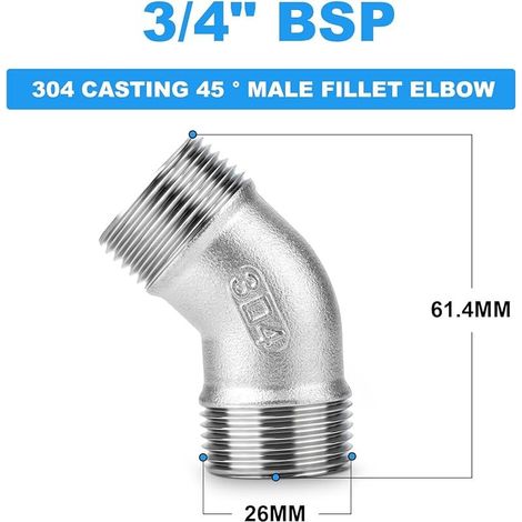 2 pièces 3/4" BSP 304 Inox 45 degrés Connecteur de tuyau pour raccords de tuyaux