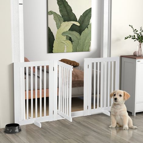 Barrière de sécurité chien pliable, modulable avec porte verrouillable intégrée, barrière à poser pour animaux, 155 x 35,5 x 76 cm, MDF blanc (1/5)