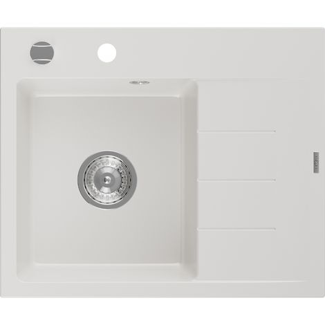 Mexen Ben évier en granit 1 bac avec égouttoir gauche 600 x 500 mm, blanc, siphon chromé - 6522605000-20 (1/5)