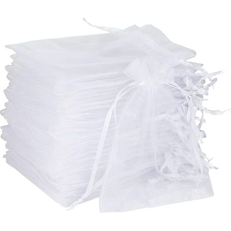 50pcs Sacs Organza,9x12cm Sachets Pochettes Cadeau en Organza avec Rubans Sac à Bijoux Sachets pour Lavande Sacs de Bonbons Faveur Présent Sacs pour Anniversaire Baptême Fête Décoration Mariage,blanc (1/5)