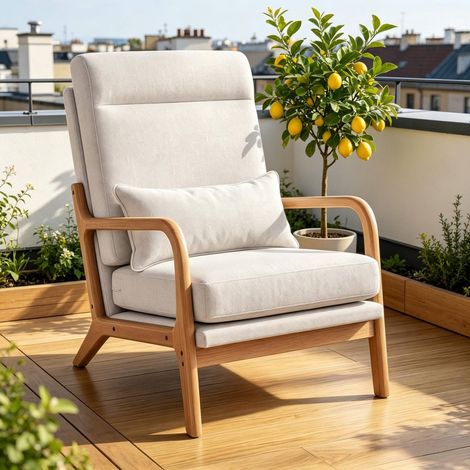 Fauteuil d'appoint grand siège, dossier haut, coussin lombaire, crème DESVIAE (1/5)