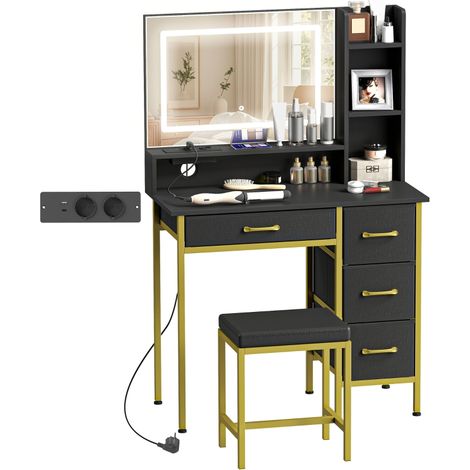 Coiffeuse avec miroir, éclairage LED, station de recharge, tabouret et 4 tiroirs - Noir