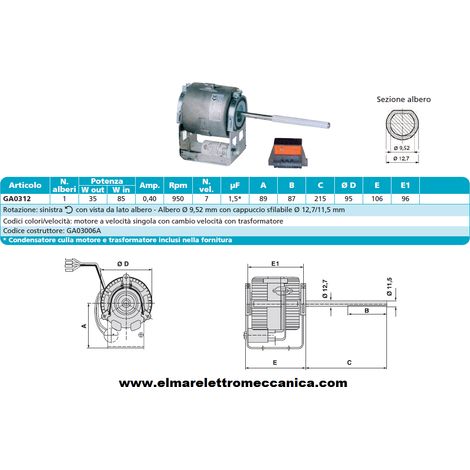 GA03012A Motore 85 W MONOALBERO 7 Velocità aspiratore Fan Coil
