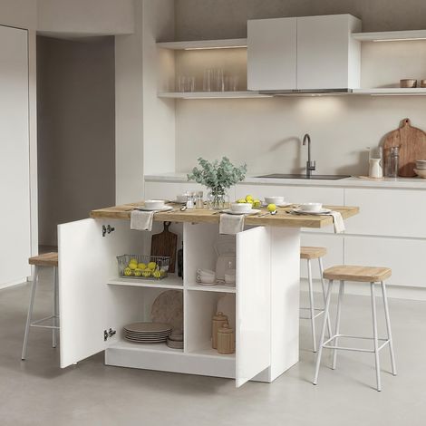 Isla de Cocina Miha, Mueble Despensa 2 Estantes, 4 Compartimentos, 2 Puertas, 130x80x90h cm Blanco Brillante (1/5)