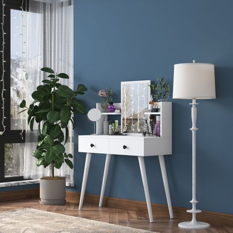Tocador Longhena, Mueble de Maquillaje con Espejo, 2 Cajones, Estructura Negra, 103x40x112h cm Blanco (1/5)