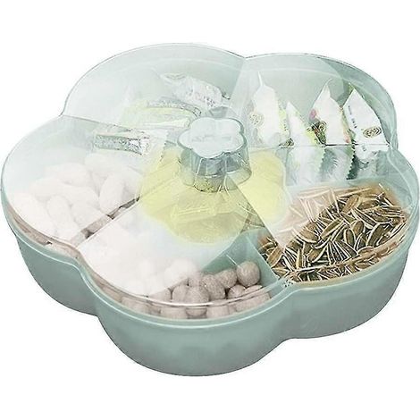 Kunststoff-Lebensmittelbox mit Deckel, Snackspender, Aufbewahrungsbox, blumenförmiges Serviertablett für Nüsse, mit 6 Fächern für Mittagessen und Camping, Grün