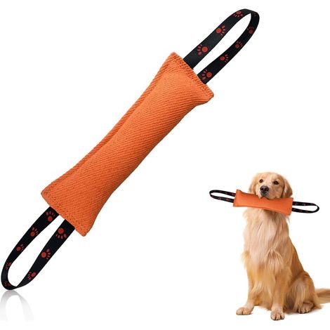 Salchicha para perros, juguete masticable de 30 cm, mordisco de salchicha naranja, con pulsera en ambos lados, juguete resistente a desgarros, para el entretenimiento y entrenamiento de perros. (1/5)