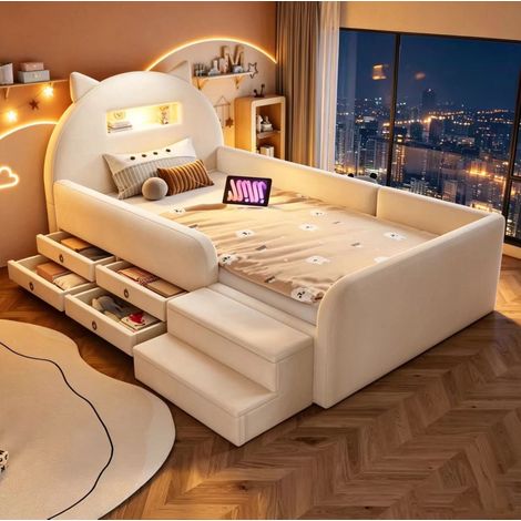 Letto per bambini 90x200 cm con porta USB, luce notturna, contenitore e 4 cassetti, seduta a panca removibile, velluto beige (1/5)