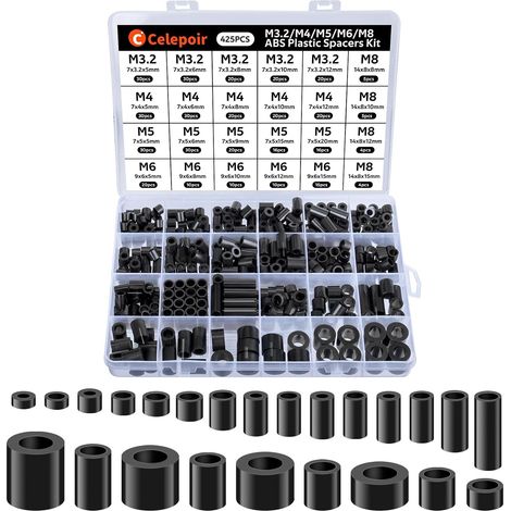 425 Pièces Entretoise Plastique ABS, 24 Tailles, M3 M4 M5 M6 M8 Noir, Entretoises en Plastique, Rondelle Plastique, Isolation des Entretoises, pour Vis d'espacement (1/5)