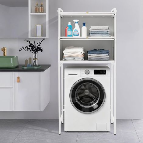 Washing Machine Shelf, 70 x 25 x 167 cm, White, Bathroom Cabinet with 2 Cabinets and 3 Shelves, Space-Saving Organizer Modern Steel and PVC Adjustable for Home, Balcony, Apartment (1/5)