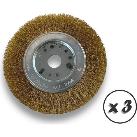 Lot de 3 brosses circulaires LAITON Ø 150 mm Epaisseur 1 rang Fil souple 0.20 mm ondulé Alésage 20 mm + réducteur bague 16/12 mm Touret meuleuse affûteuse ponceuse Kibros 215151LVx3 (1/5)