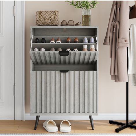 Zapatero 60x24x83 cm gris en MDF y tablero de partículas con 2 cajones abatibles y diseño acanalado (1/5)