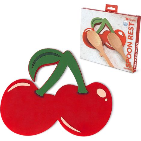 Repose-cuillères en forme de cerise. Double support en silicone pour ustensiles de cuisine. Dimensions : 20 cm x 16,3 cm.