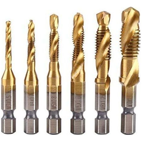 Lot de 6 tarauds filetés, foret taraud, filetage métrique M3-M10 avec revêtement en titane HSS et embouts de taraudage 1/4\" queue hexagonale cannelée pour tarauder différents fils. (1/4)