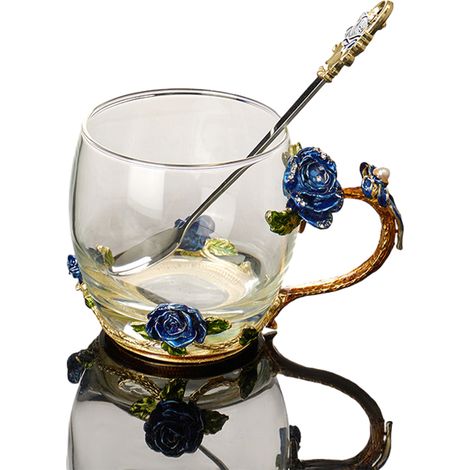 Tasse À Thé - Verre Émaillé Rose Avec Cuillère Intégrée - Pour Café Thé Boissons Froides Ou Chaudes - 1 Pièce (1/5)