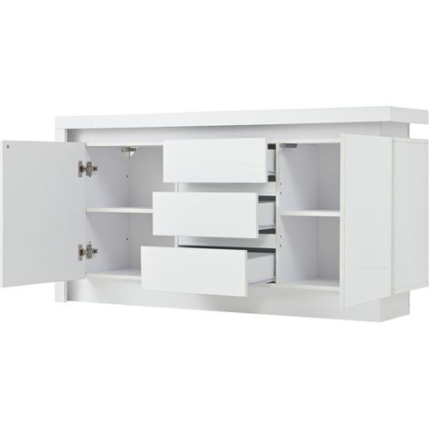 Aparador blanco 140 x 35 x 72 cm con 2 puertas, 3 cajones, LED y acabado brillante (1/5)