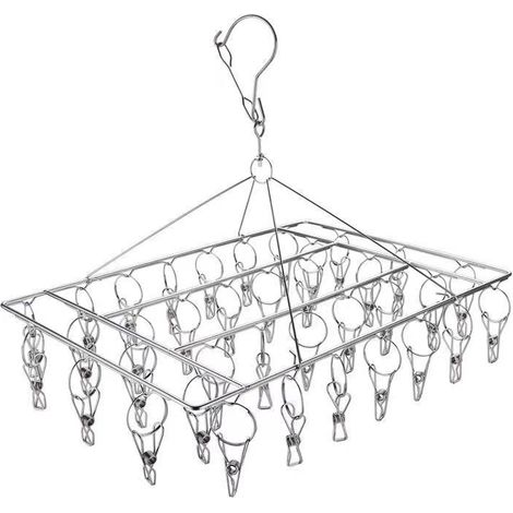 Stainless steel sock rack with 36 windproof stainless steel clips for hanging socks, underwear, clothes, towels and more (1/5)