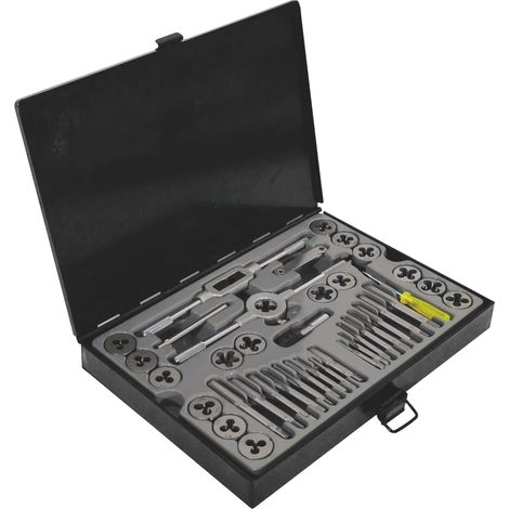 Fartools – Coffret tarauds et filières 40 pièces – 16 tarauds M3 à M12 – 16 filières M3 à M12 – Porte filière et porte tarauds inclus