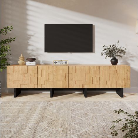 Mueble TV bajo de 180 cm para televisor de hasta 75 pulgadas, 4 puertas, madera natural, OKWISH (1/5)
