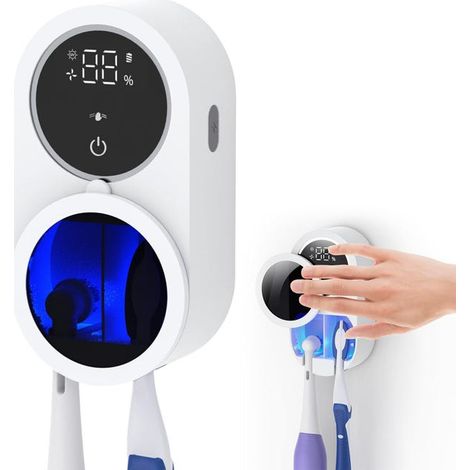 Soporte de pared para cepillos de dientes con desinfectante UV-C y UV-A, esterilizador, secado automático, 2 ranuras (1/5)