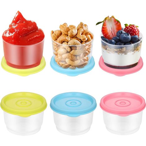 6 Pcs Mini Boîtes Alimentaires avec Couvercles, 160ML Ensemble de Mini Boite Plastique, Petit Pot Conservation Bébé avec Couvercles pour le Déjeuner, le Yaourt (Jaune, Bleu, Rose) (1/5)