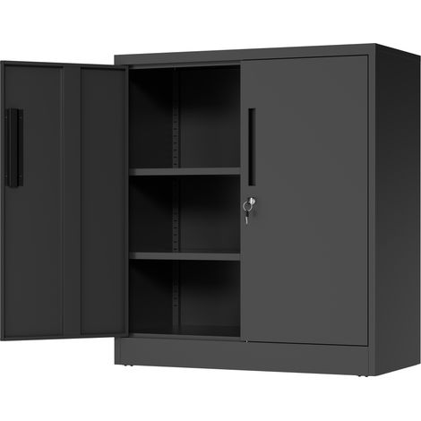 Armoire de rangement métallique avec deux portes verrouillables et deux étagères réglables, petite armoire en acier anti-basculement pour garage et maison, noire, à monter soi-même. (1/5)