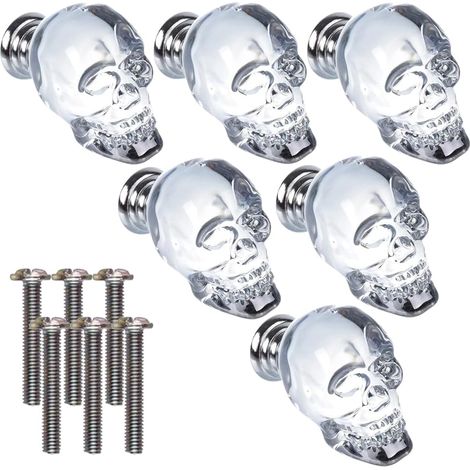 JSSEVN - Set of 6 decorative crystal skull-shaped drawer knobs with screws for dresser, drawer, cabinet (1/5)