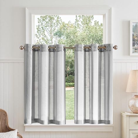 Rideau Cuisine Voilage Court Brise Bise pour Placard Chambre à Rayures Gris avec Oeillet L 90 x H 90 cm 2 Panneaux, Rideau Semi Transparent, Moderne Decoration d'Interieur pour Fenetre Salon (1/5)