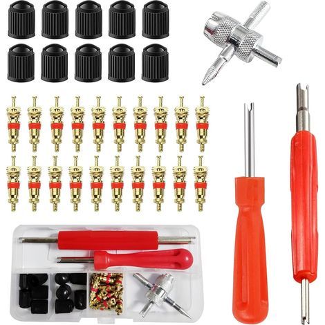 Extractor de válvulas de neumáticos - 20 puntas de válvula - 10 tapas de válvula - 4 en 1 - Universal - Para coches, camiones, motocicletas, bicicletas, vehículos eléctricos, quads, plástico + cobre (1/5)