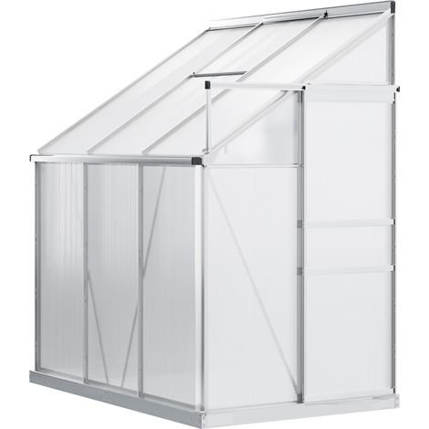 6 x 4ft Lean to Wall Polycarbonate Greenhouse Aluminium Walk-in Garden Greenhouse with Adjustable Roof Vent, Rain Gutter Sliding Door, Clear (1/5)