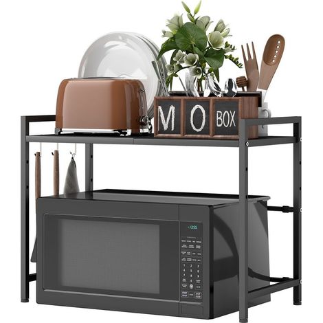 Étagère à micro-ondes extensible à 2 niveaux avec 3 crochets et cadre en métal, noir (1/5)