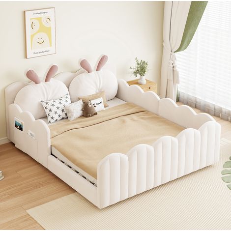 DESVIAE Lit plateforme rembourré avec barrières de sécurité tête de lit coussin décoratif beige 140 x 200 cm MDF contreplaqué pour chambre enfant (1/5)