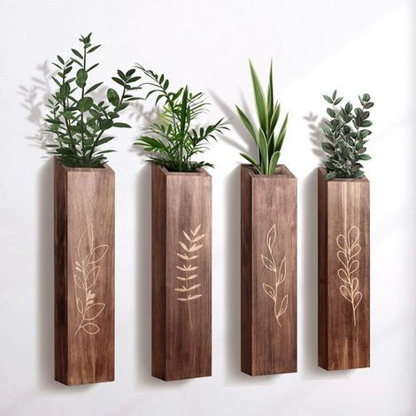 Ensemble de 4 jardinières murales en bois marron, style bohème moderne, pour salon ou chambre. Vases de poche pour fleurs séchées et verdure artificielle.